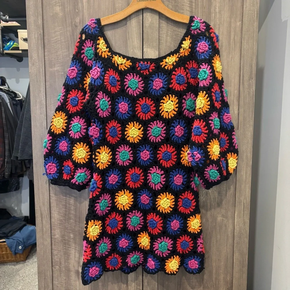 Farm Rio Black Flower Crochet Dress large - Picture 2 of 11